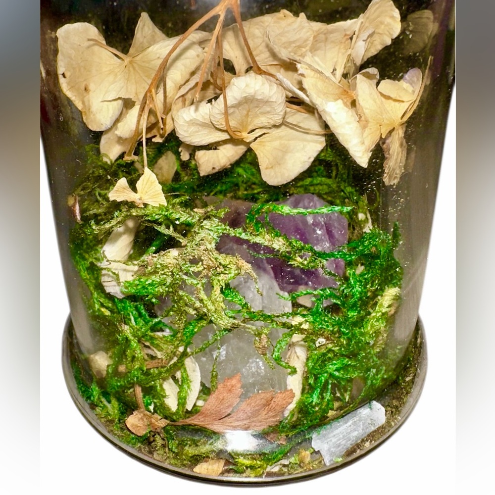 Glass Jar with Dried Wedding Flowers, Green Moss, Two Amethyst Crystal Rocks - Picture 2 of 10
